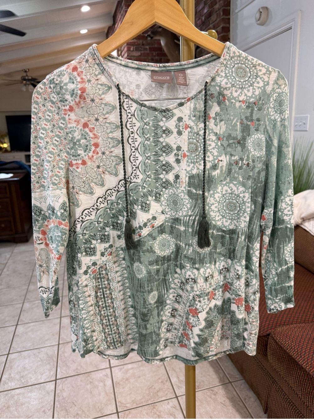 Chico’s Size 0 Green Boho Medallion Tassel Tie Top